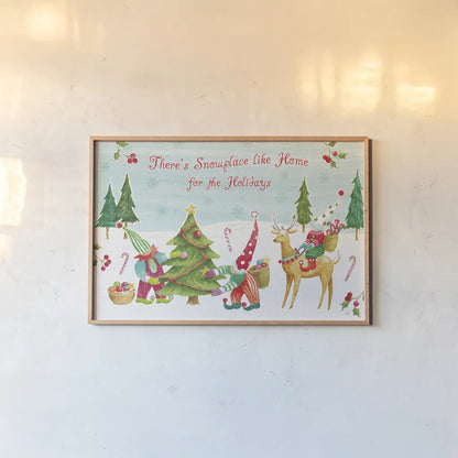 Elf Factory I by Daphne Brissonnet. shown as a paper print in a natural frame. Available as a archival giclee rolled canvas, fine art paper, or poster print. SKU 58518i.