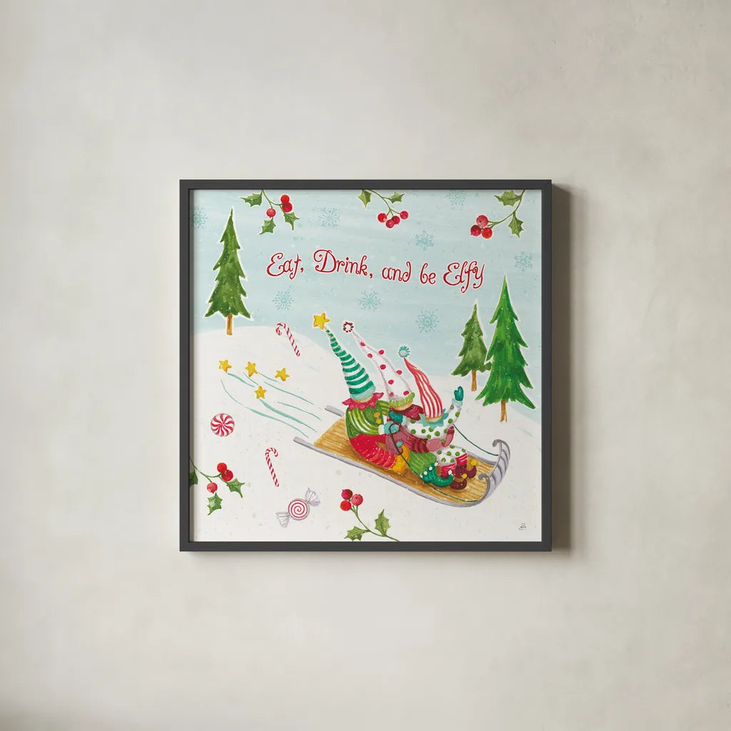 Elf Factory III by Daphne Brissonnet. Shown in a sleek black glass frame for a contemporary gallery look. Available as an archival giclee rolled canvas, fine art paper, or poster print. SKU 58520a.