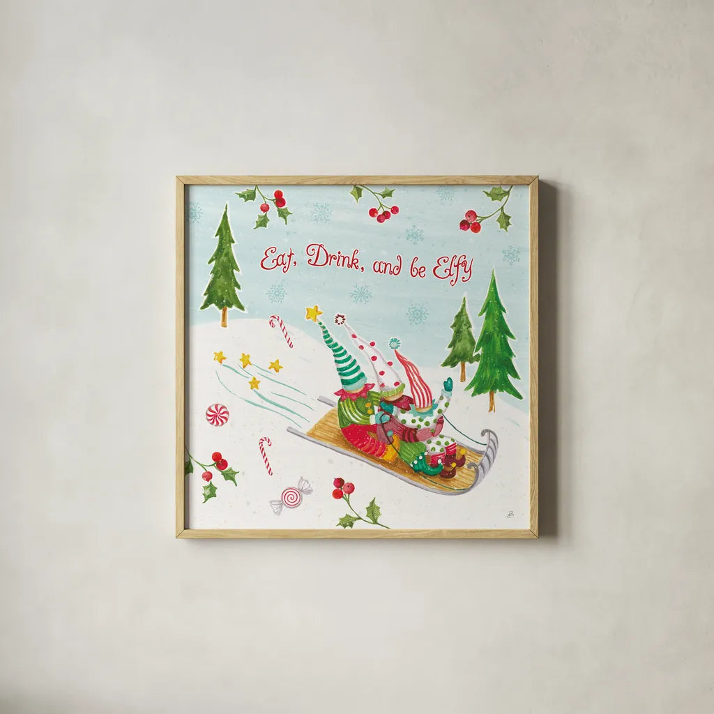 Elf Factory III by Daphne Brissonnet. Shown in a natural wood glass frame for a timeless modern aesthetic. Available as an archival giclee rolled canvas, fine art paper, or poster print. SKU 58520a.