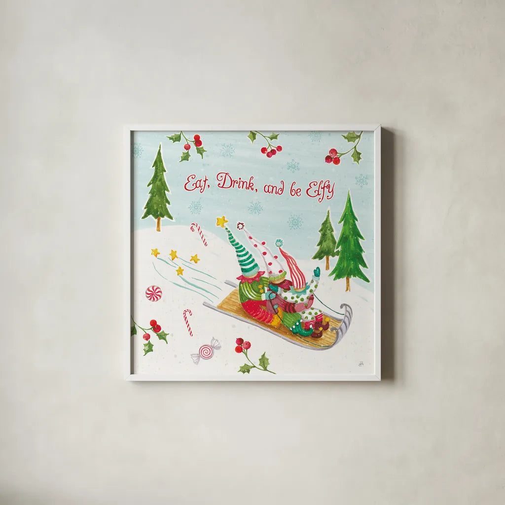 Elf Factory III by Daphne Brissonnet. Shown in a crisp white glass frame for a clean and minimalist style. Available as an archival giclee rolled canvas, fine art paper, or poster print. SKU 58520a.