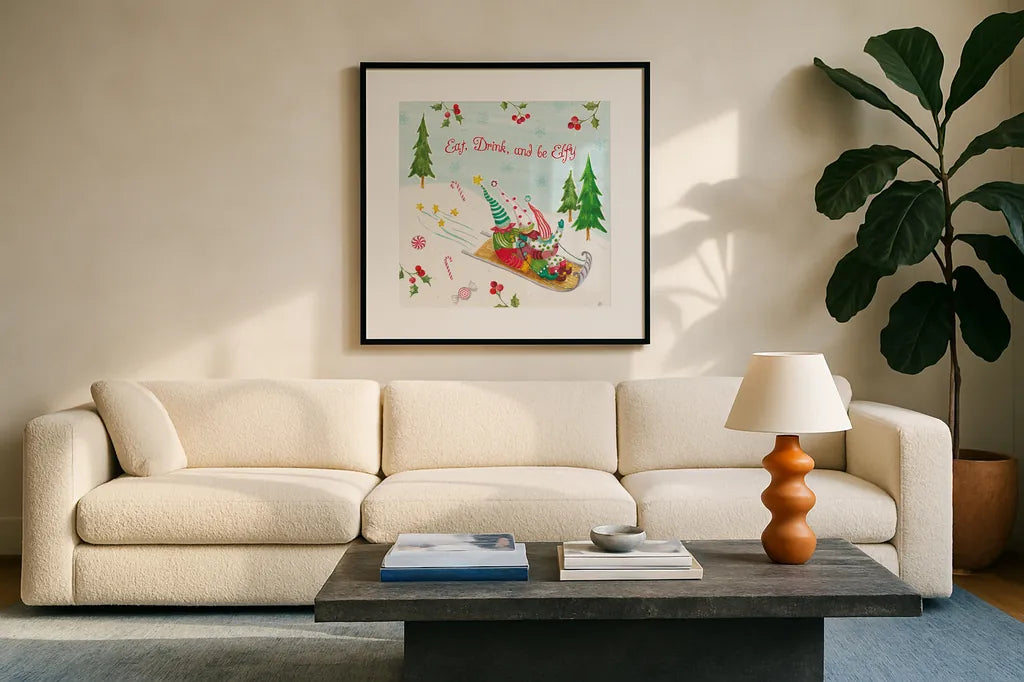 Elf Factory III by Daphne Brissonnet. Displayed in a glass frame with matte in a clean modern living room. Available as an archival giclee rolled canvas, fine art paper, or poster print. SKU 58520a.