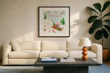 Elf Factory III by Daphne Brissonnet. Displayed in a glass frame with matte in a clean modern living room. Available as an archival giclee rolled canvas, fine art paper, or poster print. SKU 58520a.