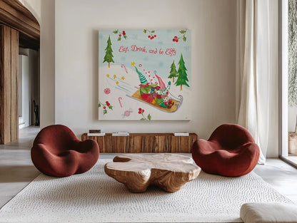 Elf Factory III by Daphne Brissonnet. Shown as extra-large giant wall art in a modern living room. Available as an archival giclee rolled canvas, fine art paper, or poster print. SKU 58520a.