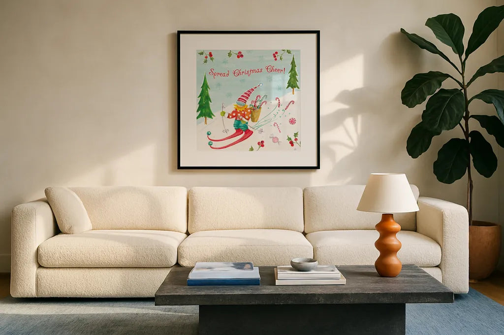 Elf Factory IV by Daphne Brissonnet. Displayed in a glass frame with matte in a clean modern living room. Available as an archival giclee rolled canvas, fine art paper, or poster print. SKU 58521a.