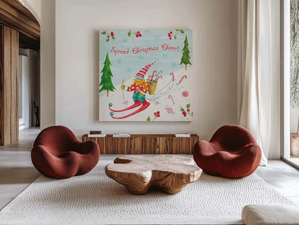 Elf Factory IV by Daphne Brissonnet. Shown as extra-large giant wall art in a modern living room. Available as an archival giclee rolled canvas, fine art paper, or poster print. SKU 58521a.