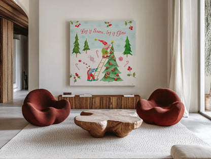 Elf Factory V by Daphne Brissonnet. Shown as extra-large giant wall art in a modern living room. Available as an archival giclee rolled canvas, fine art paper, or poster print. SKU 58522a.