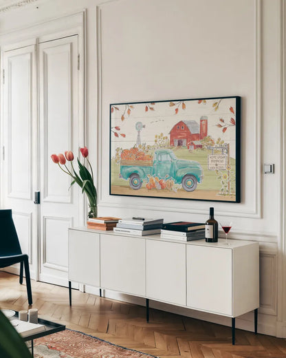 Fall Market I by Daphne Brissonnet. shown as a framed stretched canvas in a living room above a console. Available as a archival giclee rolled canvas, fine art paper, or poster print. SKU 39193i.