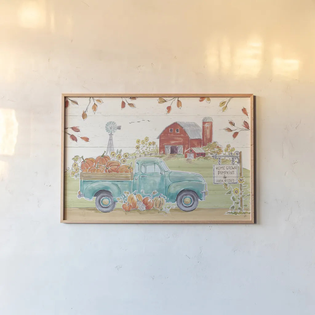 Fall Market I by Daphne Brissonnet. shown as a paper print in a natural frame. Available as a archival giclee rolled canvas, fine art paper, or poster print. SKU 39193i.