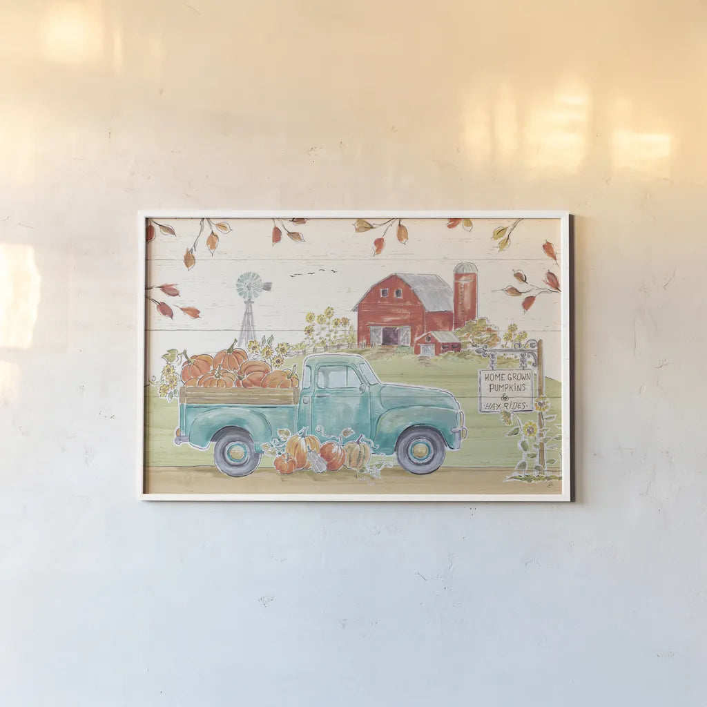 Fall Market I by Daphne Brissonnet. shown as a paper print in a white frame. Available as a archival giclee rolled canvas, fine art paper, or poster print. SKU 39193i.