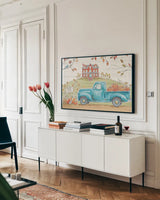 Fall Market II by Daphne Brissonnet. shown as a framed stretched canvas in a living room above a console. Available as a archival giclee rolled canvas, fine art paper, or poster print. SKU 39194i.