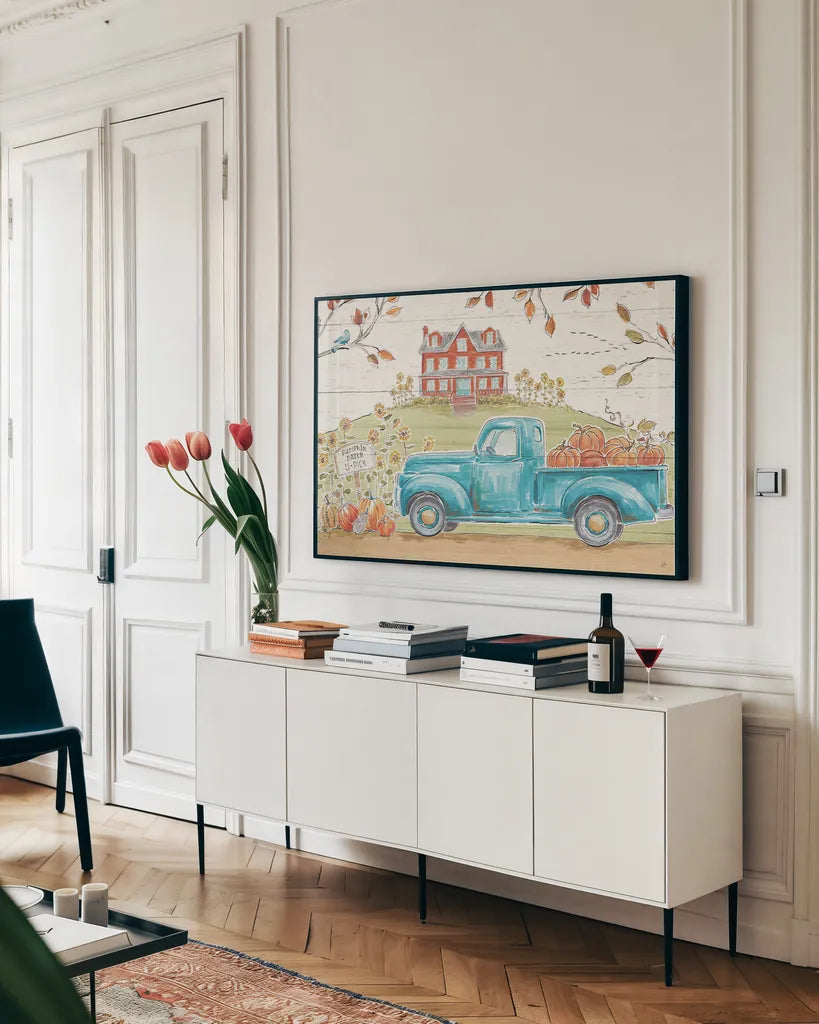 Fall Market II by Daphne Brissonnet. shown as a framed stretched canvas in a living room above a console. Available as a archival giclee rolled canvas, fine art paper, or poster print. SKU 39194i.