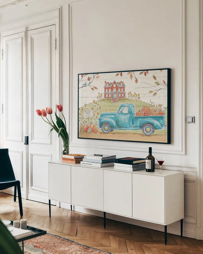 Fall Market II by Daphne Brissonnet. shown as a framed stretched canvas in a living room above a console. Available as a archival giclee rolled canvas, fine art paper, or poster print. SKU 39194i.
