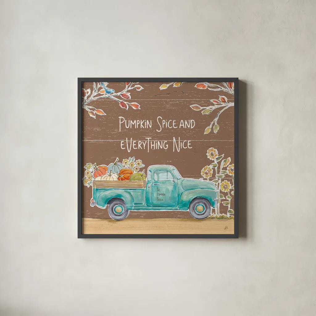 Fall Market III on Walnut by Daphne Brissonnet. Shown in a sleek black glass frame for a contemporary gallery look. Available as an archival giclee rolled canvas, fine art paper, or poster print. SKU 44975a.