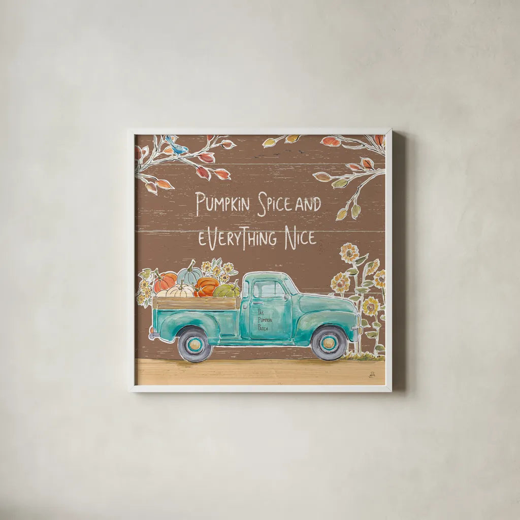 Fall Market III on Walnut by Daphne Brissonnet. Shown in a crisp white glass frame for a clean and minimalist style. Available as an archival giclee rolled canvas, fine art paper, or poster print. SKU 44975a.