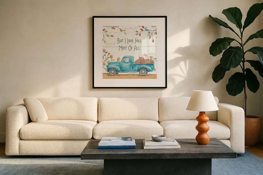 Fall Market IV by Daphne Brissonnet. Displayed in a glass frame with matte in a clean modern living room. Available as an archival giclee rolled canvas, fine art paper, or poster print. SKU 39196a.