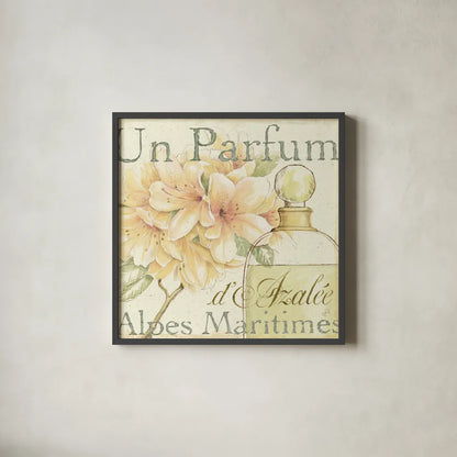 Fleurs Parfums III by Daphne Brissonnet. Shown in a sleek black glass frame for a contemporary gallery look. Available as an archival giclee rolled canvas, fine art paper, or poster print. SKU 1676a.