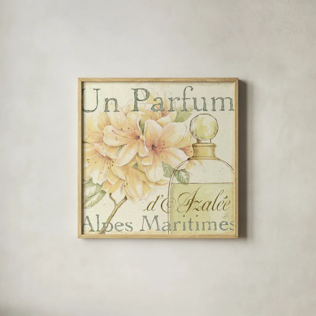 Fleurs Parfums III by Daphne Brissonnet. Shown in a natural wood glass frame for a timeless modern aesthetic. Available as an archival giclee rolled canvas, fine art paper, or poster print. SKU 1676a.