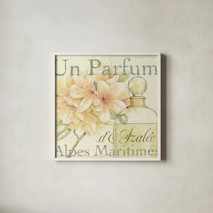 Fleurs Parfums III by Daphne Brissonnet. Shown in a crisp white glass frame for a clean and minimalist style. Available as an archival giclee rolled canvas, fine art paper, or poster print. SKU 1676a.