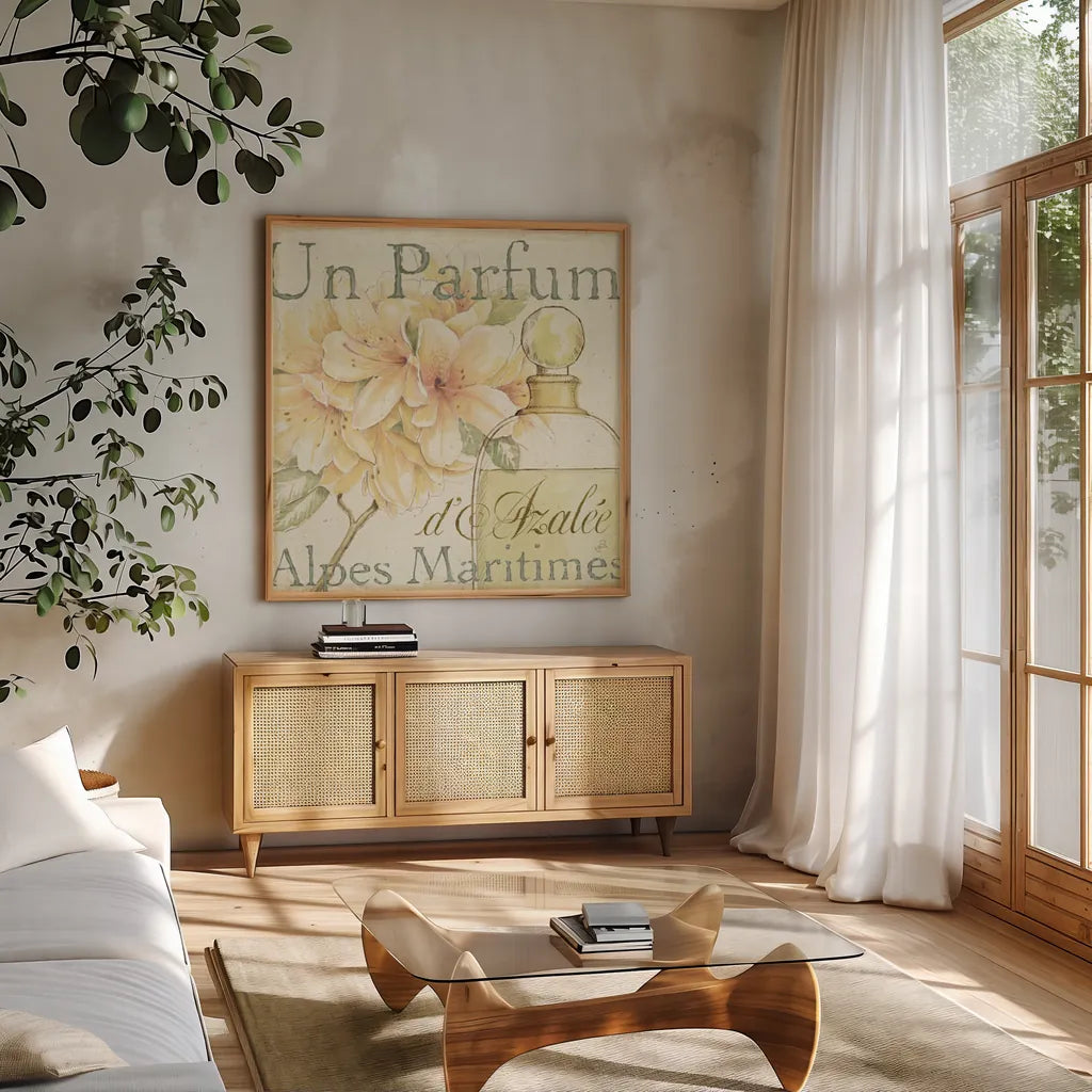 Fleurs Parfums III by Daphne Brissonnet. Shown in a natural wood frame in a cozy modern living room. Available as an archival giclee rolled canvas, fine art paper, or poster print. SKU 1676a.