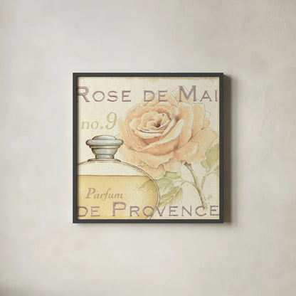 Fleurs and Parfum I by Daphne Brissonnet. Shown in a sleek black glass frame for a contemporary gallery look. Available as an archival giclee rolled canvas, fine art paper, or poster print. SKU 1674a.