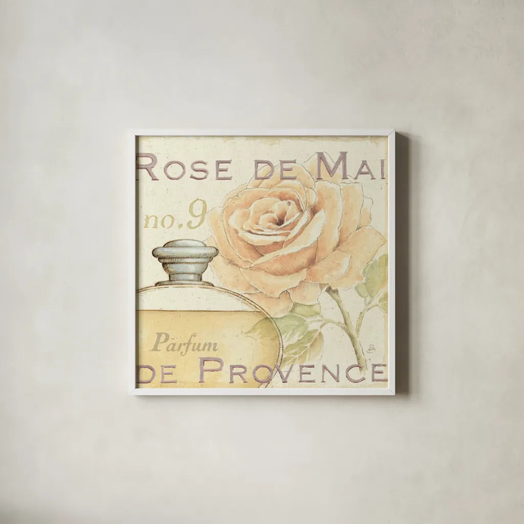 Fleurs and Parfum I by Daphne Brissonnet. Shown in a crisp white glass frame for a clean and minimalist style. Available as an archival giclee rolled canvas, fine art paper, or poster print. SKU 1674a.