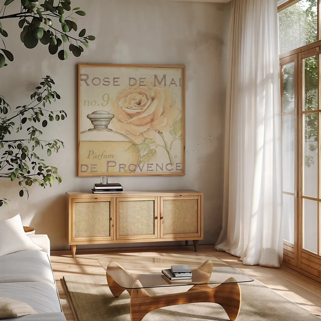 Fleurs and Parfum I by Daphne Brissonnet. Shown in a natural wood frame in a cozy modern living room. Available as an archival giclee rolled canvas, fine art paper, or poster print. SKU 1674a.