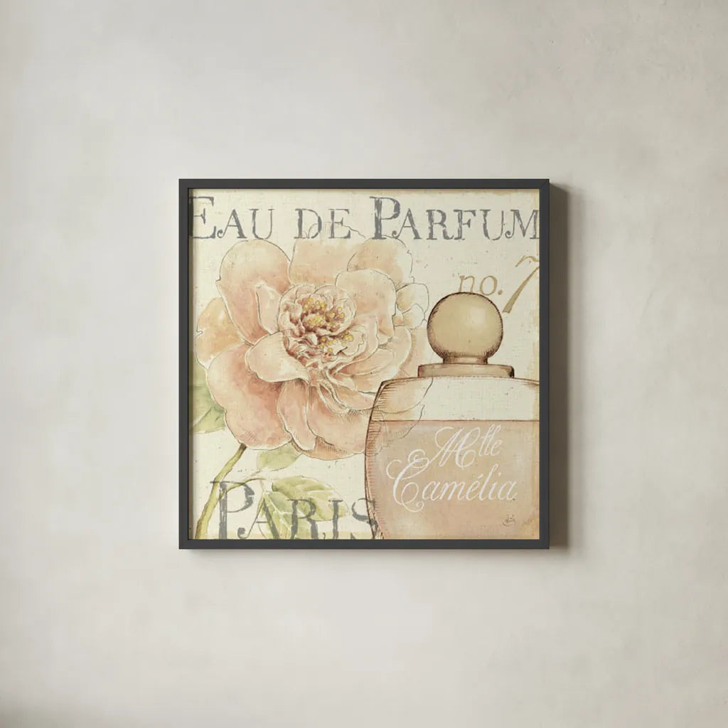 Fleurs and Parfum II by Daphne Brissonnet. Shown in a sleek black glass frame for a contemporary gallery look. Available as an archival giclee rolled canvas, fine art paper, or poster print. SKU 1675a.