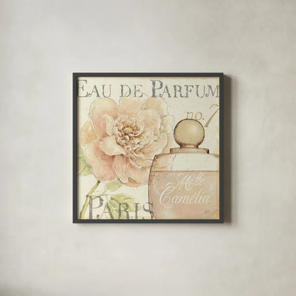 Fleurs and Parfum II by Daphne Brissonnet. Shown in a sleek black glass frame for a contemporary gallery look. Available as an archival giclee rolled canvas, fine art paper, or poster print. SKU 1675a.