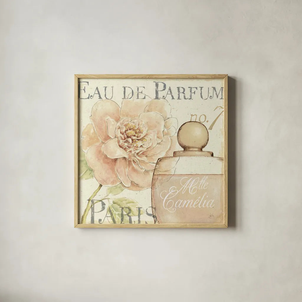Fleurs and Parfum II by Daphne Brissonnet. Shown in a natural wood glass frame for a timeless modern aesthetic. Available as an archival giclee rolled canvas, fine art paper, or poster print. SKU 1675a.