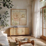 Fleurs and Parfum II by Daphne Brissonnet. Shown in a natural wood frame in a cozy modern living room. Available as an archival giclee rolled canvas, fine art paper, or poster print. SKU 1675a.