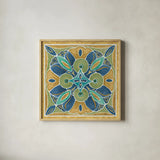 Free Bird Mexican Tiles I by Daphne Brissonnet. Shown in a natural wood glass frame for a timeless modern aesthetic. Available as an archival giclee rolled canvas, fine art paper, or poster print. SKU 21870a.