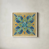 Free Bird Mexican Tiles I by Daphne Brissonnet. Shown in a crisp white glass frame for a clean and minimalist style. Available as an archival giclee rolled canvas, fine art paper, or poster print. SKU 21870a.