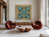 Free Bird Mexican Tiles I by Daphne Brissonnet. Shown as extra-large giant wall art in a modern living room. Available as an archival giclee rolled canvas, fine art paper, or poster print. SKU 21870a.