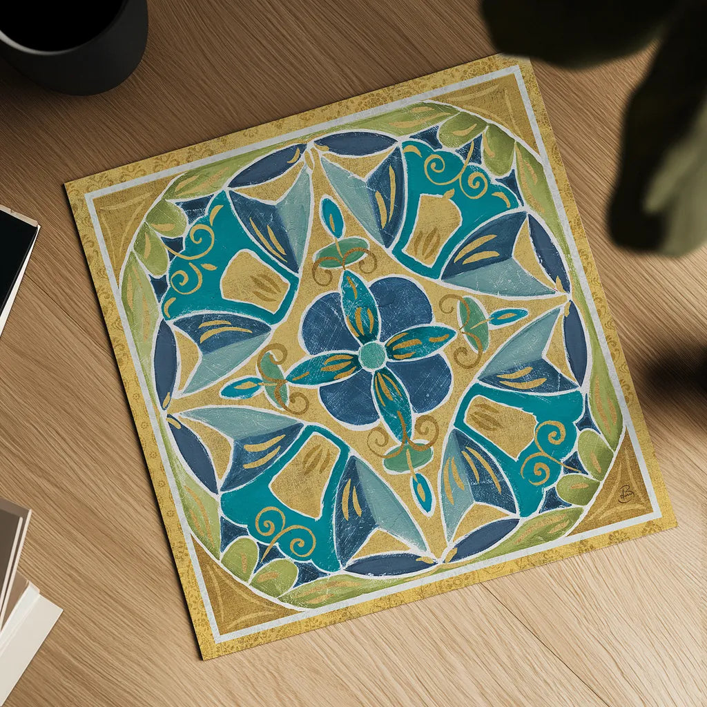 Free Bird Mexican Tiles III by Daphne Brissonnet. Shown as a detailed flat fine art print, highlighting archival giclee quality. Available as an archival giclee rolled canvas, fine art paper, or poster print. SKU 21872a.