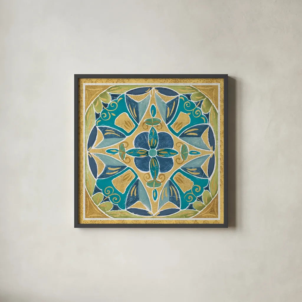 Free Bird Mexican Tiles III by Daphne Brissonnet. Shown in a sleek black glass frame for a contemporary gallery look. Available as an archival giclee rolled canvas, fine art paper, or poster print. SKU 21872a.