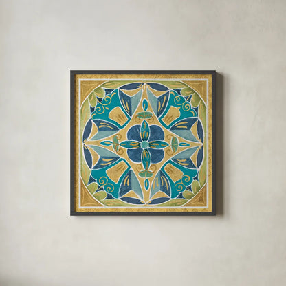Free Bird Mexican Tiles III by Daphne Brissonnet. Shown in a sleek black glass frame for a contemporary gallery look. Available as an archival giclee rolled canvas, fine art paper, or poster print. SKU 21872a.