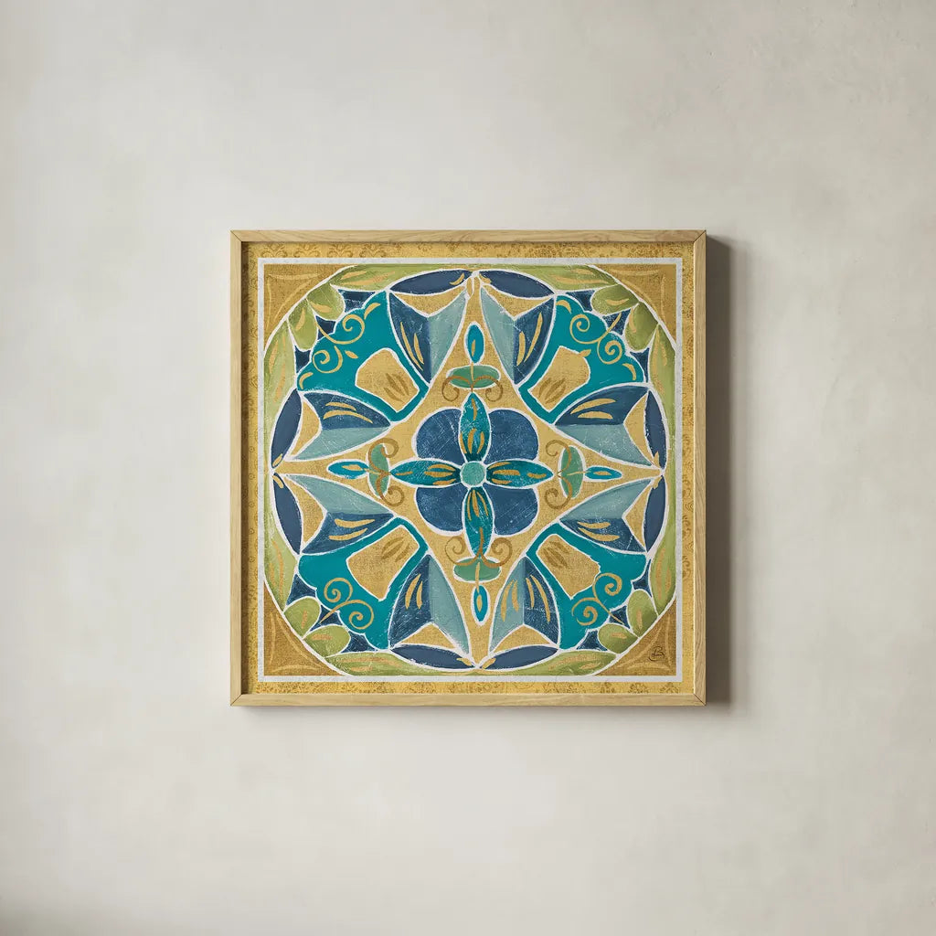 Free Bird Mexican Tiles III by Daphne Brissonnet. Shown in a natural wood glass frame for a timeless modern aesthetic. Available as an archival giclee rolled canvas, fine art paper, or poster print. SKU 21872a.