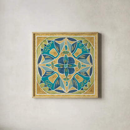Free Bird Mexican Tiles III by Daphne Brissonnet. Shown in a natural wood glass frame for a timeless modern aesthetic. Available as an archival giclee rolled canvas, fine art paper, or poster print. SKU 21872a.