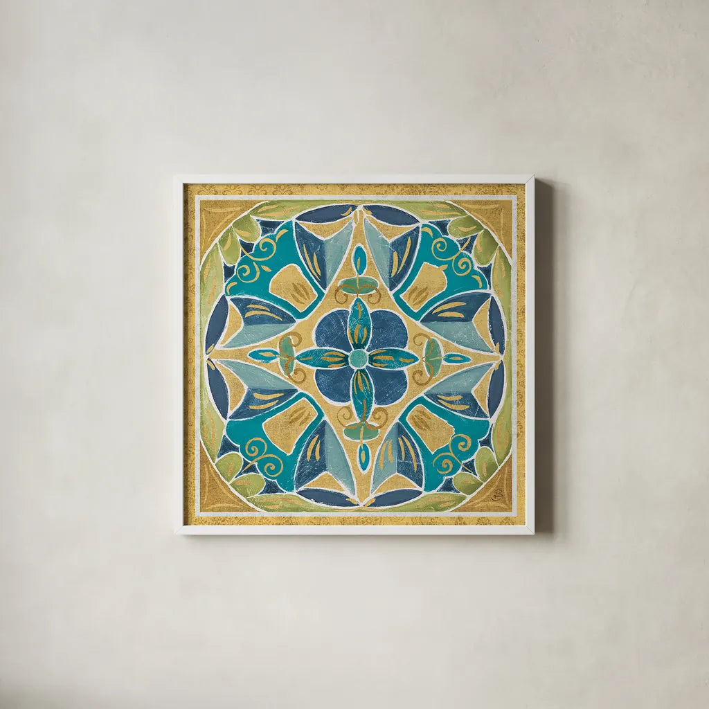 Free Bird Mexican Tiles III by Daphne Brissonnet. Shown in a crisp white glass frame for a clean and minimalist style. Available as an archival giclee rolled canvas, fine art paper, or poster print. SKU 21872a.