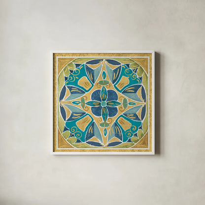 Free Bird Mexican Tiles III by Daphne Brissonnet. Shown in a crisp white glass frame for a clean and minimalist style. Available as an archival giclee rolled canvas, fine art paper, or poster print. SKU 21872a.