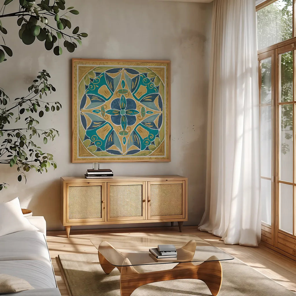 Free Bird Mexican Tiles III by Daphne Brissonnet. Shown in a natural wood frame in a cozy modern living room. Available as an archival giclee rolled canvas, fine art paper, or poster print. SKU 21872a.