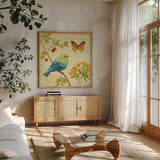 Garden Passion I by Daphne Brissonnet. Shown in a natural wood frame in a cozy modern living room. Available as an archival giclee rolled canvas, fine art paper, or poster print. SKU 4922a.