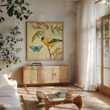 Garden Passion II by Daphne Brissonnet. Shown in a natural wood frame in a cozy modern living room. Available as an archival giclee rolled canvas, fine art paper, or poster print. SKU 4923a.