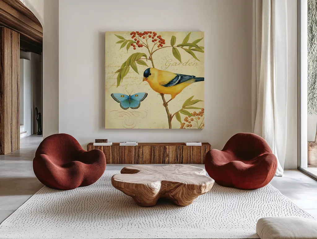 Garden Passion II by Daphne Brissonnet. Shown as extra-large giant wall art in a modern living room. Available as an archival giclee rolled canvas, fine art paper, or poster print. SKU 4923a.