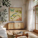 Garden Passion III by Daphne Brissonnet. Shown in a natural wood frame in a cozy modern living room. Available as an archival giclee rolled canvas, fine art paper, or poster print. SKU 4924a.