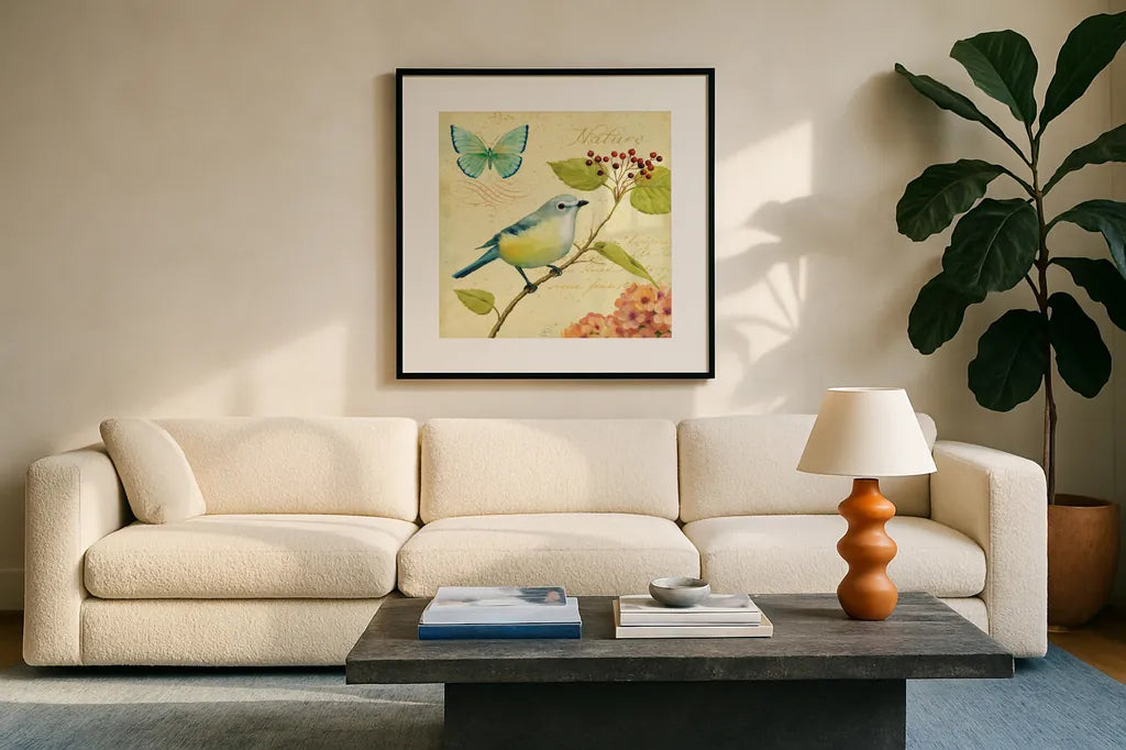 Garden Passion III by Daphne Brissonnet. Displayed in a glass frame with matte in a clean modern living room. Available as an archival giclee rolled canvas, fine art paper, or poster print. SKU 4924a.