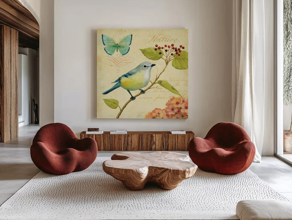 Garden Passion III by Daphne Brissonnet. Shown as extra-large giant wall art in a modern living room. Available as an archival giclee rolled canvas, fine art paper, or poster print. SKU 4924a.
