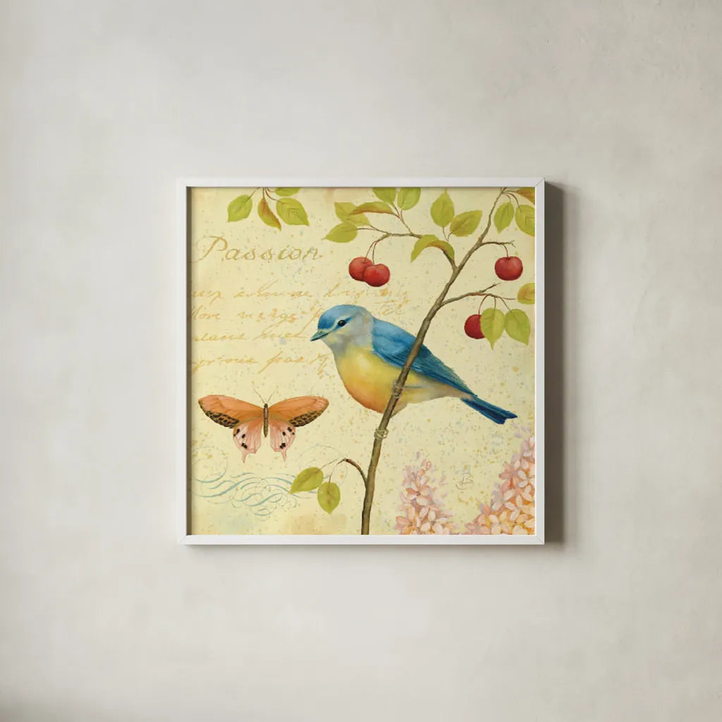 Garden Passion IV by Daphne Brissonnet. Shown in a crisp white glass frame for a clean and minimalist style. Available as an archival giclee rolled canvas, fine art paper, or poster print. SKU 4925a.