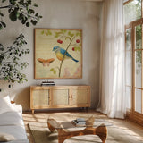 Garden Passion IV by Daphne Brissonnet. Shown in a natural wood frame in a cozy modern living room. Available as an archival giclee rolled canvas, fine art paper, or poster print. SKU 4925a.