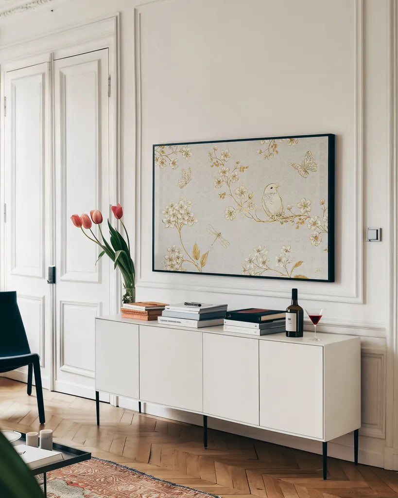 Golden Garden I by Daphne Brissonnet. shown as a framed stretched canvas in a living room above a console. Available as a archival giclee rolled canvas, fine art paper, or poster print. SKU 21868i.